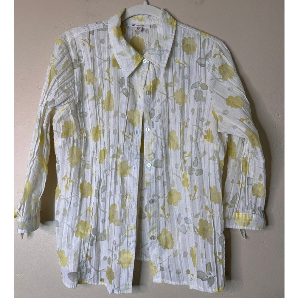 M Collection Sheer White Button Up Blouse Yellow Floral Design 14